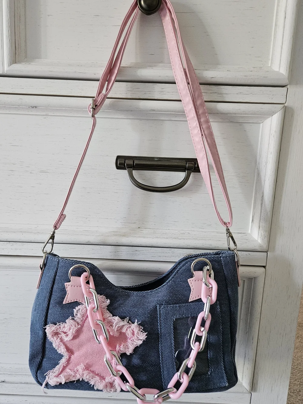 Source Unknown Blue Denim Shoulder Bag with Pink Accents
